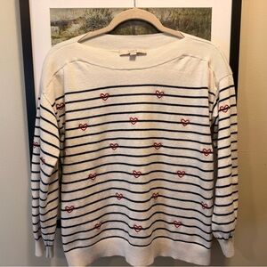 LOFT Cream Sweater with Navy Stripes and Red Heart Details